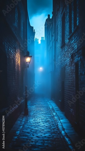 A street in the Victorian era of London, a dark and sinister alleyway at night, cobblestone streets with brick buildings