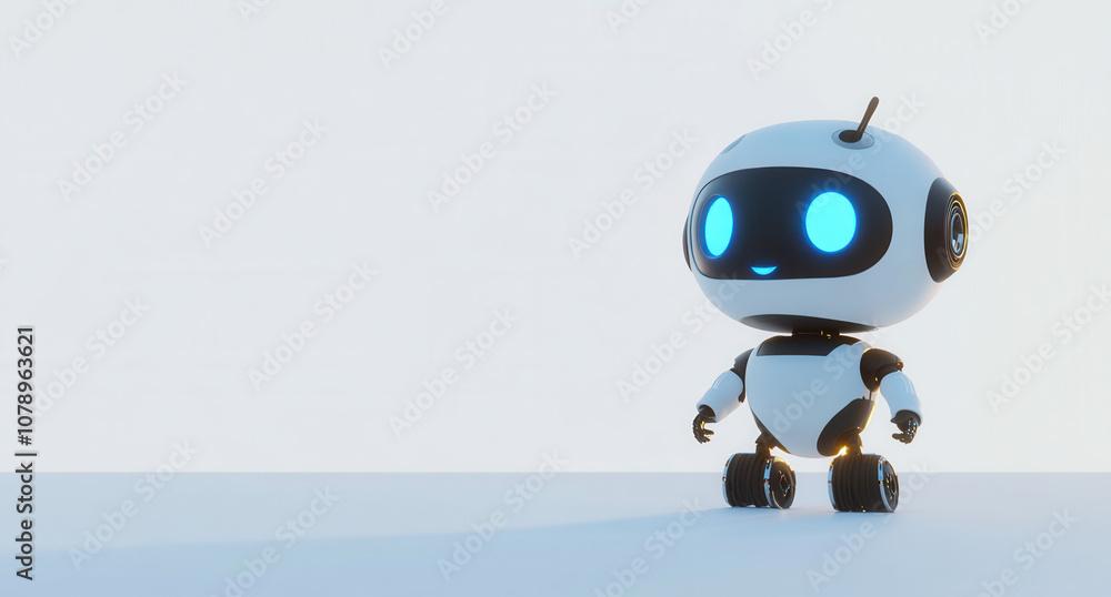 Fototapeta premium A futuristic white robot with glowing eyes stands on a light background