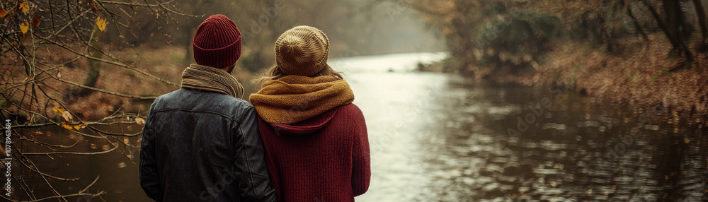 couple standing by serene river, wrapped in warm clothing, enjoying nature beauty together. atmosphere is calm and romantic, perfect for cozy day outdoors couple standing by serene river, wrapped in warm clothing, enjoying nature beauty together. atmosphere is calm and romantic, perfect for cozy day outdoors