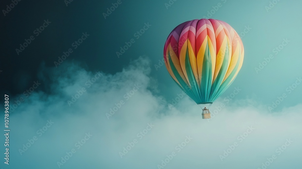 Naklejka premium Vibrant colorful hot air balloon drifting amidst ethereal wispy clouds in a scenic majestic landscape The balloon s unique multicolored design adds a sense of whimsy and wonder to the tranquil