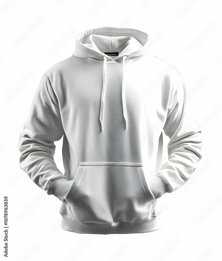 A white hooded sweatshirt with a pocket, isolated on a white background. A white hooded sweatshirt with a pocket, isolated on a white background.