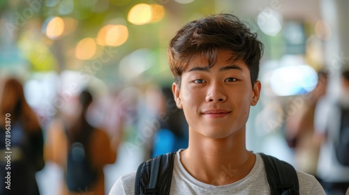 A backdrop of diverse colors illuminates an Asian student's introspective expression, marking his educational achievements