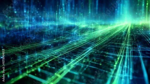 A vibrant digital artwork depicting glowing lines and grids, creating a futuristic environment filled with energy and movement.