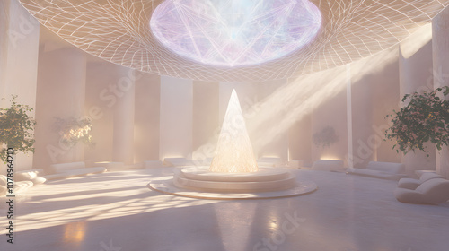 Prismatic healing sanctuary, consciousness expansion vortex, crystal lattice ceiling, quantum light threads, ethereal mist photo