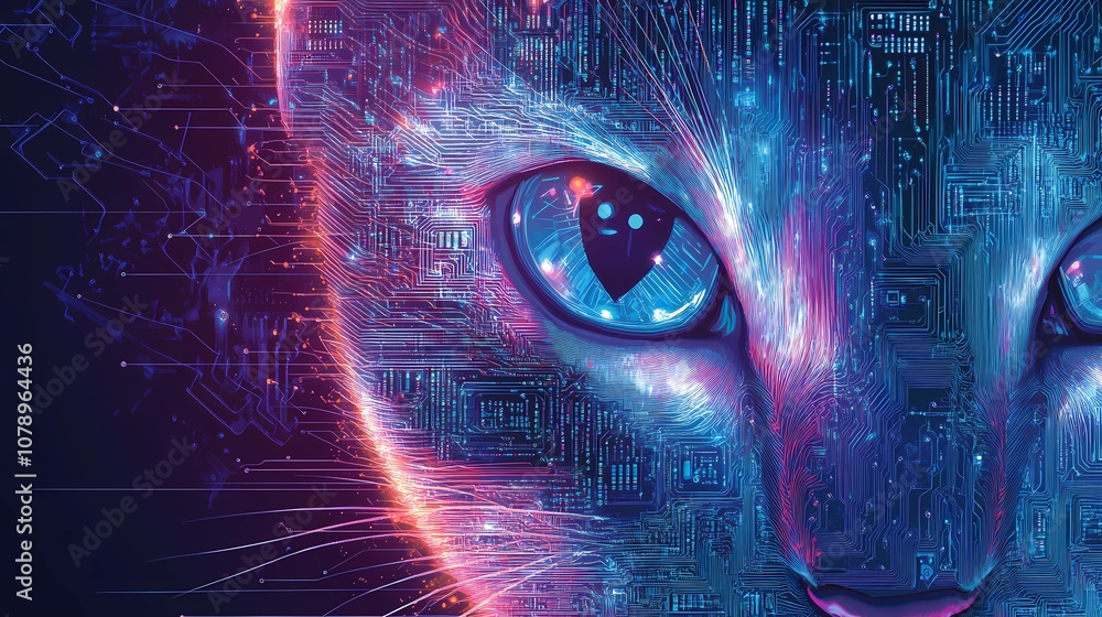 Abstract neon cyberpunk cat texture with luminous geometric lines, techno elements, and a dark metallic base, creating a sleek and modern visual Abstract neon cyberpunk cat texture with luminous geometric lines, techno elements, and a dark metallic base, creating a sleek and modern visual