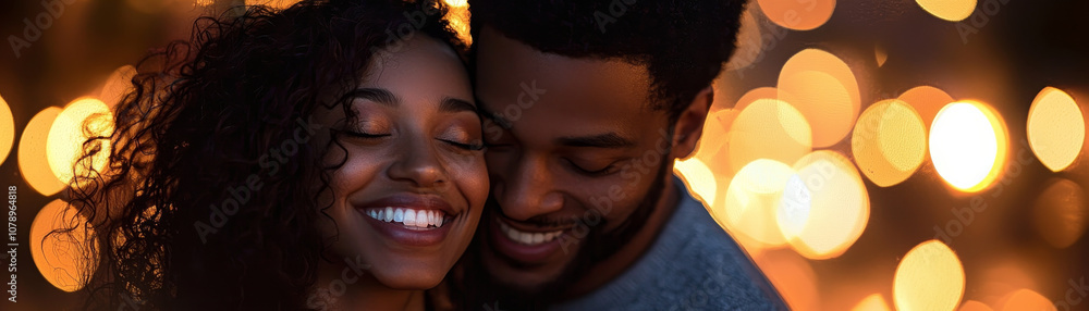 joyful couple sharing close moment with warm bokeh lights in background, radiating love and happiness