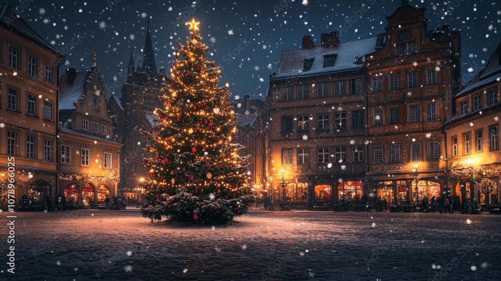 Festive christmas tree in snowy european town square at night Festive christmas tree in snowy european town square at night
