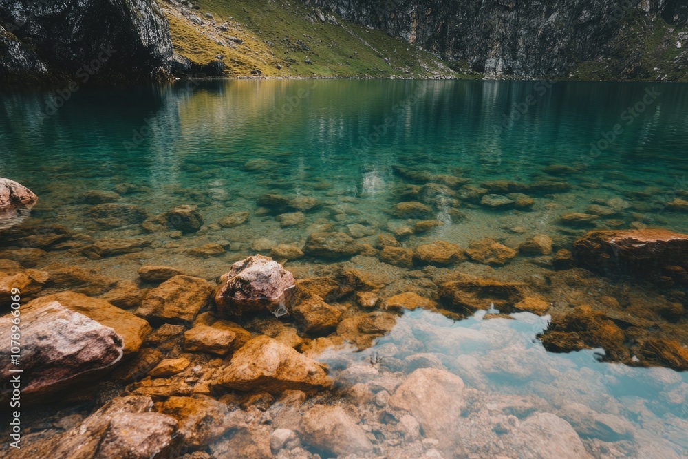 Obraz premium A serene lake with crystal clear water and smooth stones beneath the surface. The surrounding lush greenery adds to the tranquil beauty of nature. Generative AI.