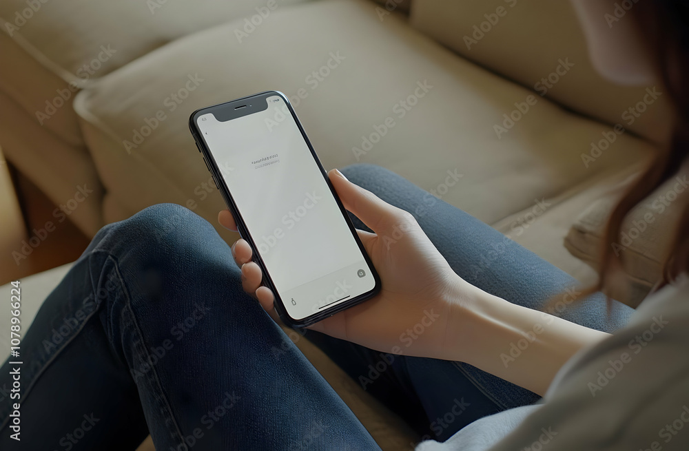 A woman sits on a couch, holding a smartphone with a missed call notification, wearing jeans and a white shirt. A woman sits on a couch, holding a smartphone with a missed call notification, wearing jeans and a white shirt.