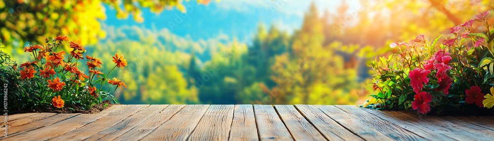 Everyday life concept. beautiful wooden deck surrounded by vibrant flowers and lush greenery. warm sunlight creates serene
