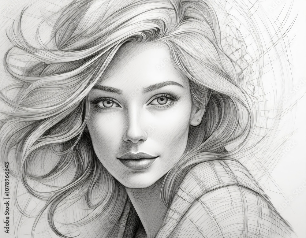 Close-up portrait of a beautiful model woman as a pencil sketch