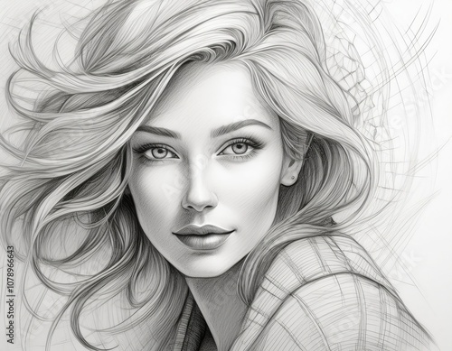 Close-up portrait of a beautiful model woman as a pencil sketch