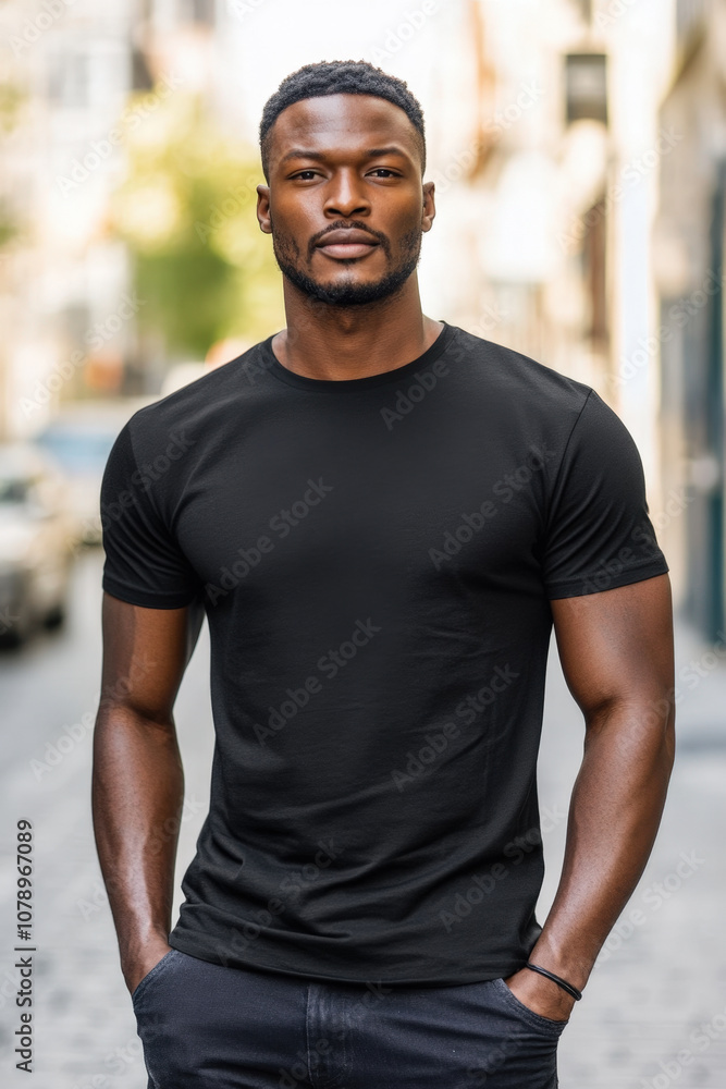Fashionable African American man in untucked black t-shirt poses confidently on a sunny street