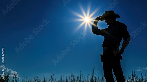 Silhouette of Cowboy in Hat Facing Sun