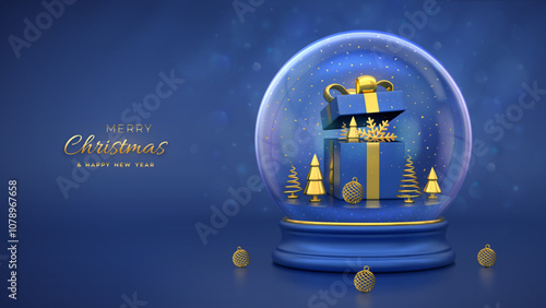 Christmas greeting card. Open gift box, golden showflake and shining ball, metallic spruce trees inside a snow globe. New Year background, Xmas Holiday poster, banner, flyer. 3D Vector illustration.
