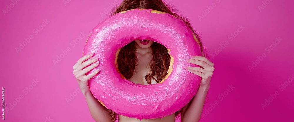 Φωτογραφία Woman Holding Giant Pink Donut in Front of Face