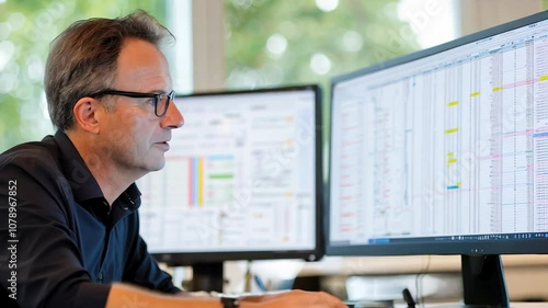 A man in an office intently studies data on dual monitors, working on complex information analysis, spreadsheets, or project management.