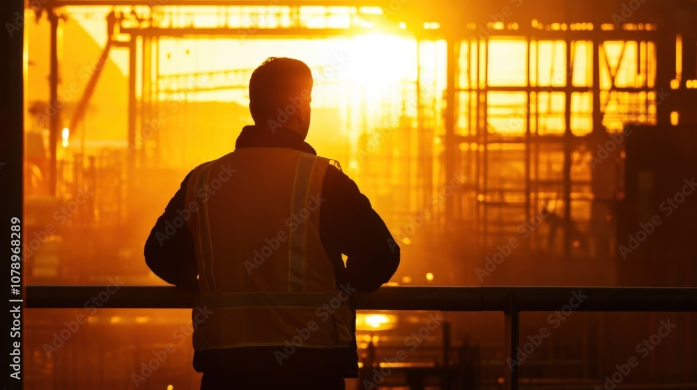 Silhouette of Worker in Safety Vest at Sunset Silhouette of Worker in Safety Vest at Sunset