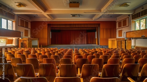 A school auditorium with neatly arranged chairs and a stage ready for a performance