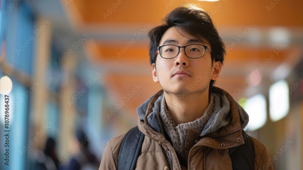 A backdrop of diverse colors illuminates an Asian student's introspective expression, marking his educational achievements A backdrop of diverse colors illuminates an Asian student's introspective expression, marking his educational achievements