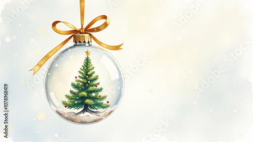 Clear glass Christmas ornament with xmas tree inside, hanging on golden ribbon with bow on light background. New Year's card. Banner