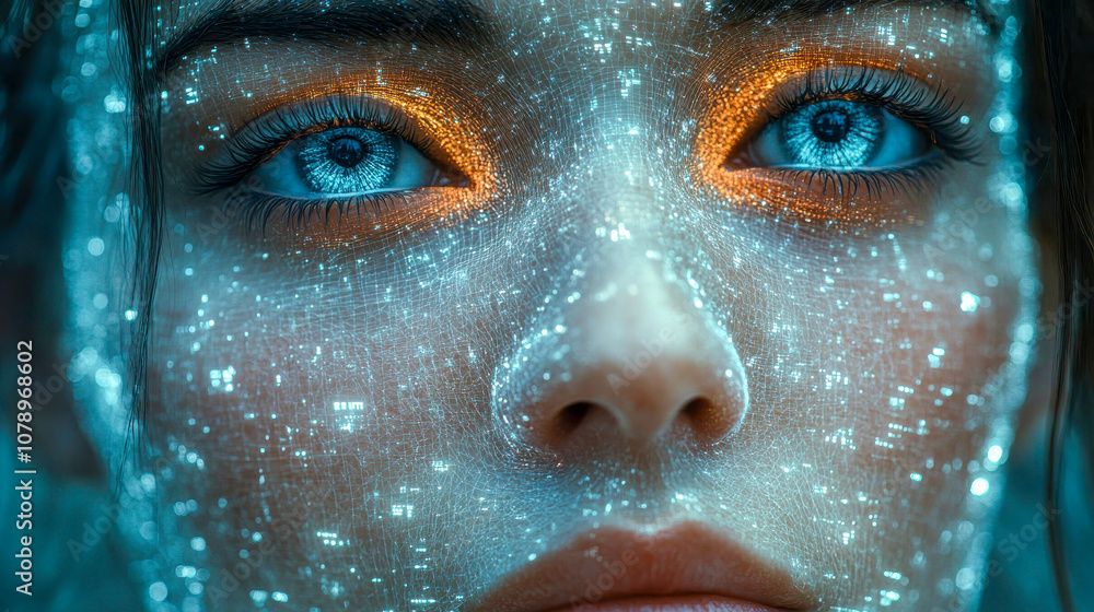 Close-up of a digital face with glowing blue eyes and holographic details, evoking artificial intelligence and futurism Close-up of a digital face with glowing blue eyes and holographic details, evoking artificial intelligence and futurism