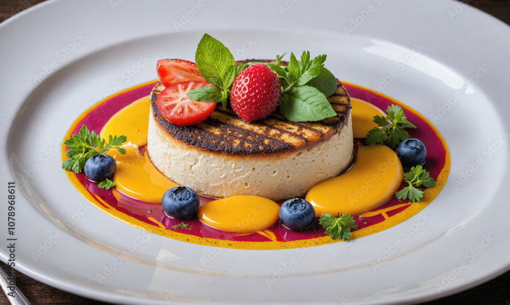 A grilled cheesecake topped with strawberries, basil, and blueberries is served on a white plate with a red and yellow sauce A grilled cheesecake topped with strawberries, basil, and blueberries is served on a white plate with a red and yellow sauce