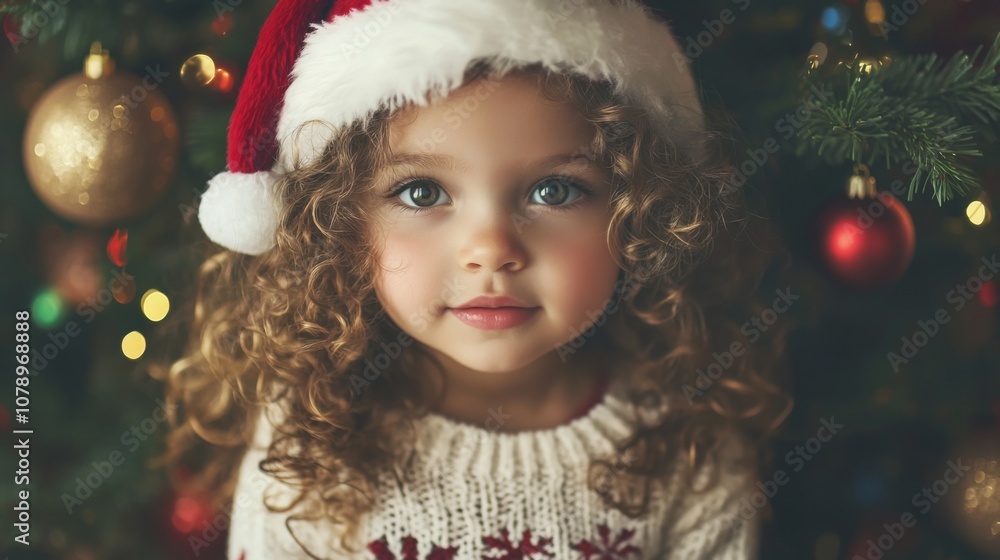 A cheerful girl with curly hair in a Santa hat and festive sweater smiles in front of a decorated Christmas tree, radiating the holiday spirit. A cheerful girl with curly hair in a Santa hat and festive sweater smiles in front of a decorated Christmas tree, radiating the holiday spirit.