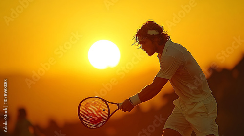 Powerful backhand swing, tennis player at peak performance, concentration, sunset court, vibrant scene
