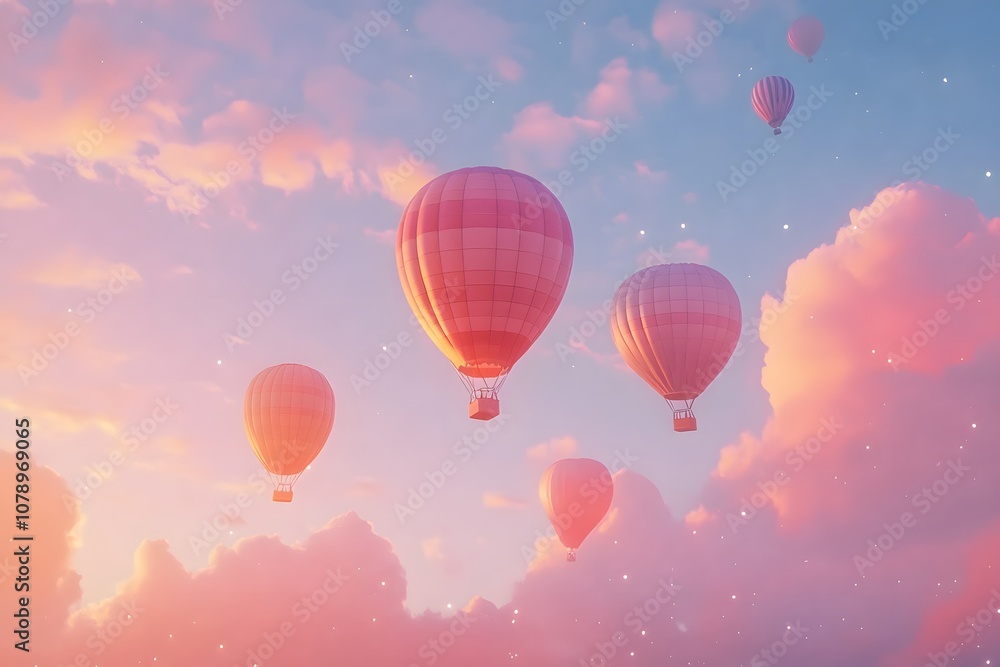 Naklejka premium aerial view of hot air balloons on the peaceful sky with clouds and sunrise in the background, representing travel, adventure, freedom and floating