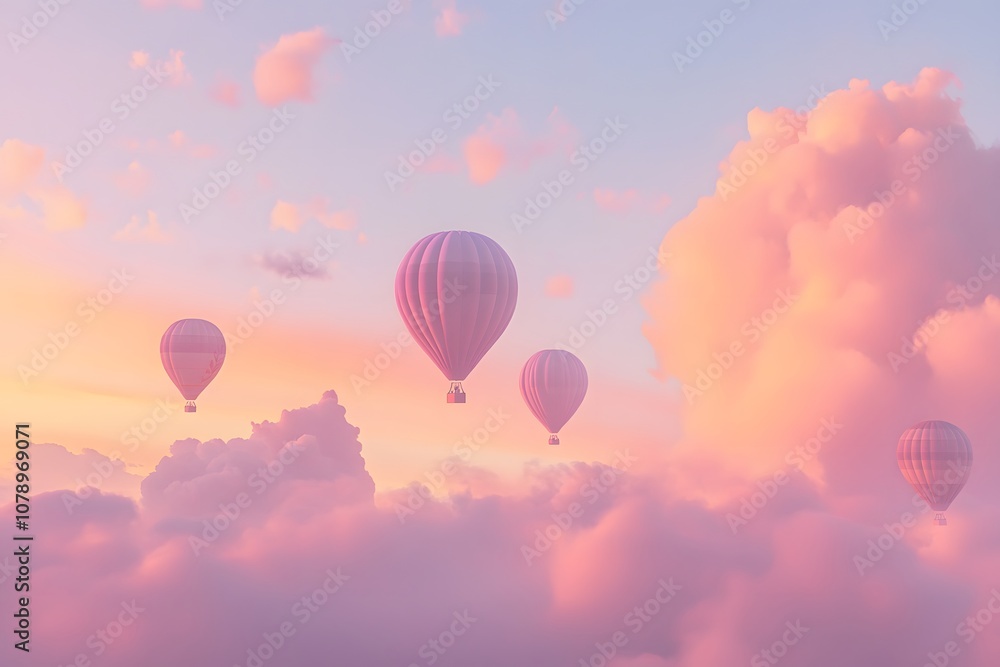 Fototapeta premium aerial view of hot air balloons on the peaceful sky with clouds and sunrise in the background, representing travel, adventure, freedom and floating