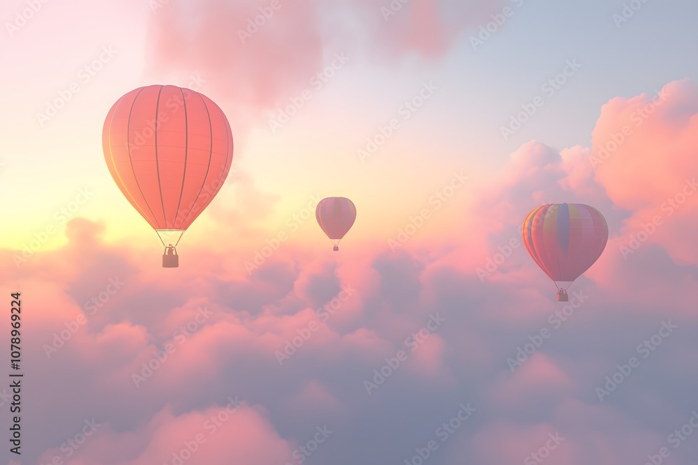 Fototapeta aerial view of hot air balloons on the peaceful sky with clouds and sunrise in the background, representing travel, adventure, freedom and floating