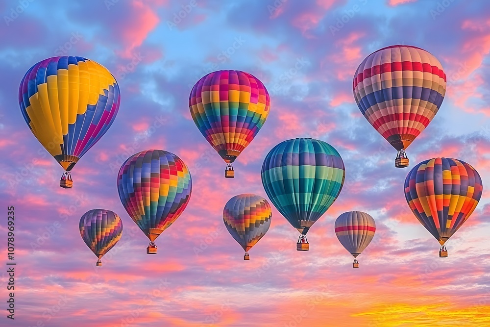 Fototapeta premium aerial view of hot air balloons on the peaceful sky with clouds and sunrise in the background, representing travel, adventure, freedom and floating