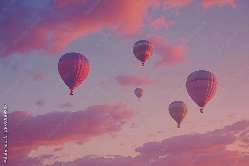 Obraz premium aerial view of hot air balloons on the peaceful sky with clouds and sunrise in the background, representing travel, adventure, freedom and floating