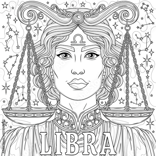 Libra Woman.Astrological Zodiac Sign.Coloring book antistress for children and adults.