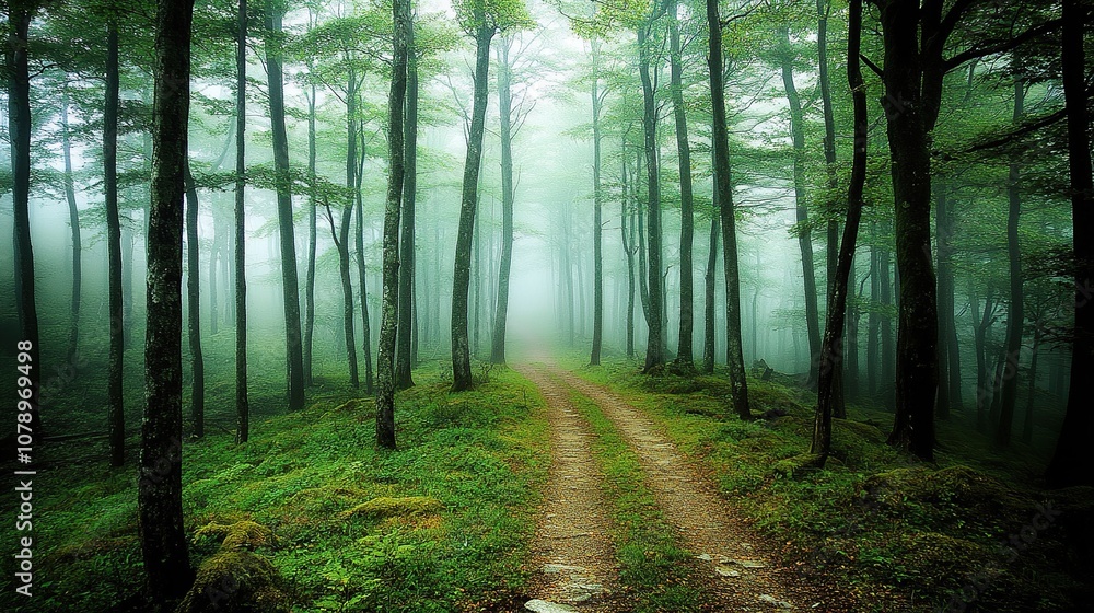 Fototapeta premium Mystical Foggy Forest Path