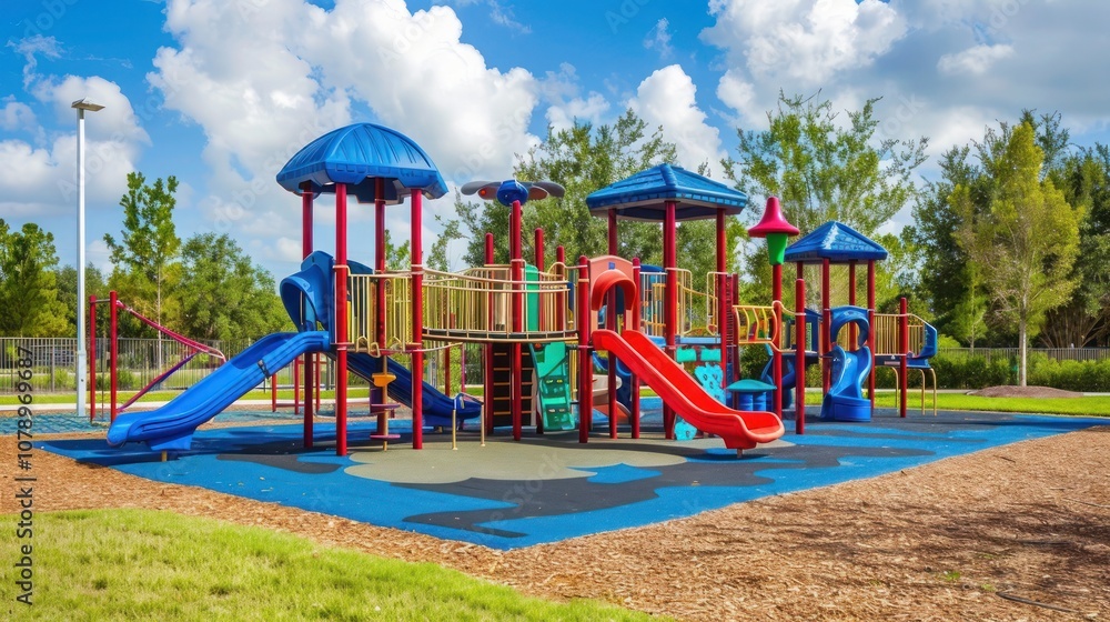 A school playground with clean and brightly colored play structures A school playground with clean and brightly colored play structures