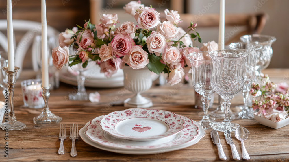 Elegant romantic dinner Valentines Day table setup, mockup rustic wooden table, vintage plates, wine glasses, candles, soft pink roses, warm inviting cottage core boho brunch decor bridal Elegant romantic dinner Valentines Day table setup, mockup rustic wooden table, vintage plates, wine glasses, candles, soft pink roses, warm inviting cottage core boho brunch decor bridal