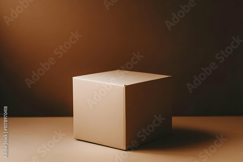 Beige cube box on a brown surface against a brown background.