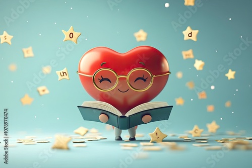 A cheerful heart character reading a book surrounded by floating stars, representing love for learning and creativity.