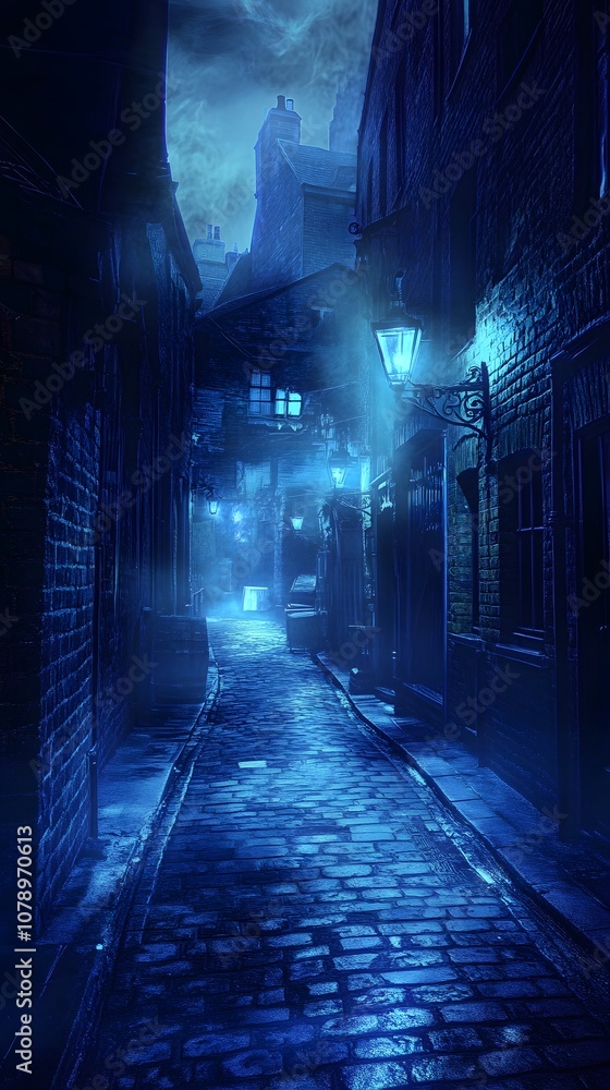A street in the Victorian era of London, a dark and sinister alleyway at night, cobblestone streets with brick buildings A street in the Victorian era of London, a dark and sinister alleyway at night, cobblestone streets with brick buildings