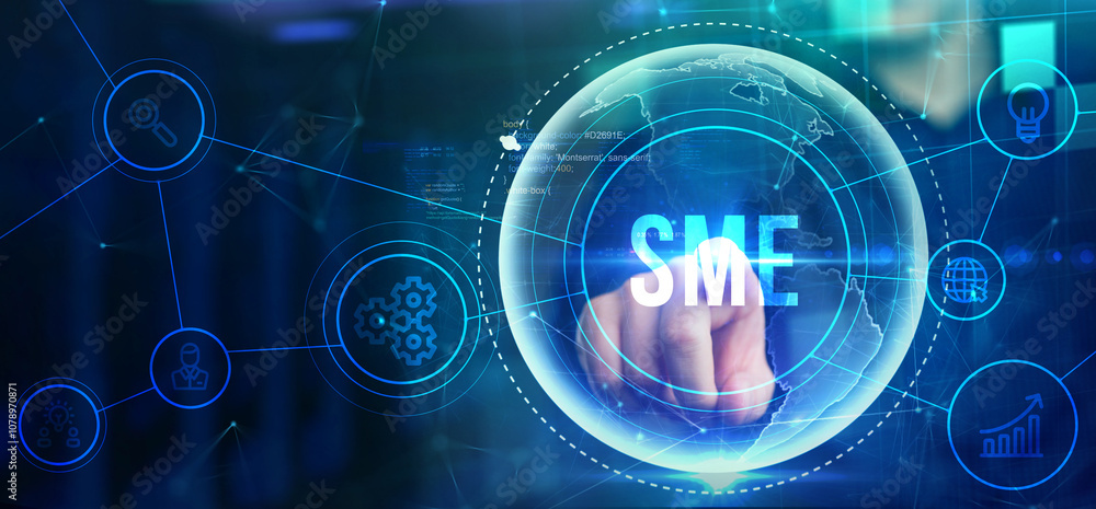 Business, technology, internet and network concept. Virtual screen of the future and sees the inscription: SME.