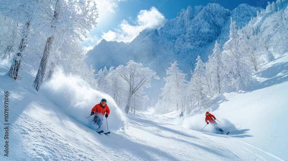 Two skiers navigating a snowy mountain landscape under bright skies. Two skiers navigating a snowy mountain landscape under bright skies.