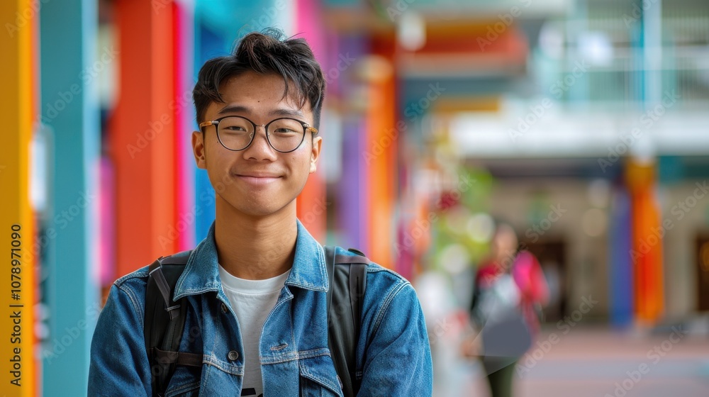 A backdrop of diverse colors illuminates an Asian student's introspective expression, marking his educational achievements A backdrop of diverse colors illuminates an Asian student's introspective expression, marking his educational achievements
