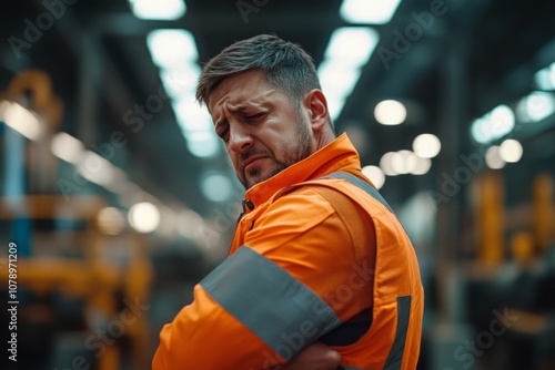 A thoughtful worker in an orange safety jacket stands in a warehouse. His expression conveys determination and focus. Safety gear is essential for workplace safety. Generative AI photo