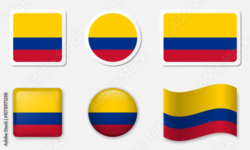 Flag of Colombia icons collection. Flat stickers and 3d realistic glass vector elements on white background with shadow.