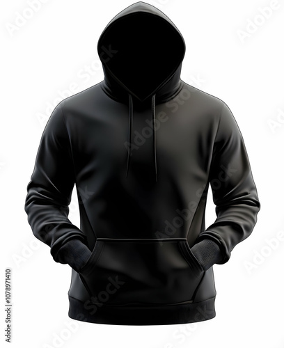 Black hooded sweatshirt with a kangaroo pocket.