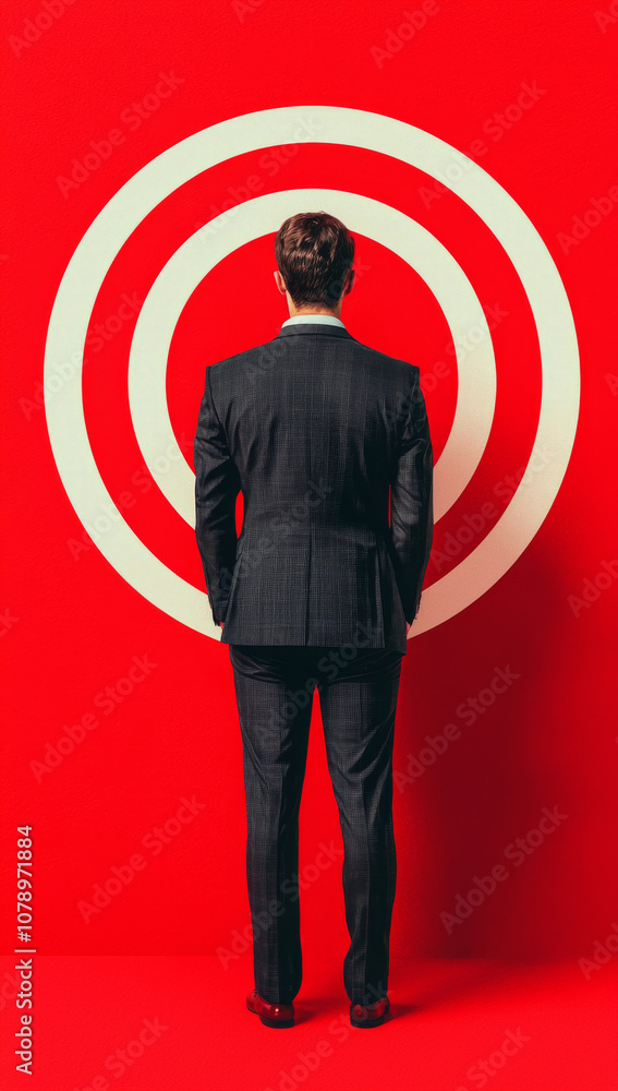 man in suit stands in front of large red target symbol, conveying focus and determination. bold colors create striking visual impact man in suit stands in front of large red target symbol, conveying focus and determination. bold colors create striking visual impact