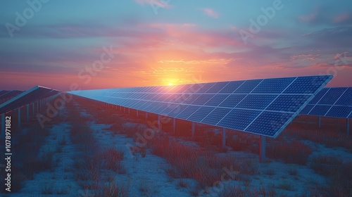 A serene sunset view over a field of solar panels highlighting sustainable energy and natural beauty photo