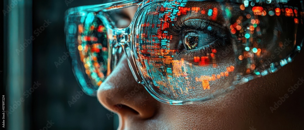 Fototapeta premium A close-up of a person's eye wearing futuristic glasses, reflecting vibrant city lights and digital patterns